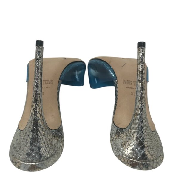 New Rare Paris Texas Metallic Gold Silver Snakeskin Leather Blue PVC Mules 8 38 - Picture 8 of 14